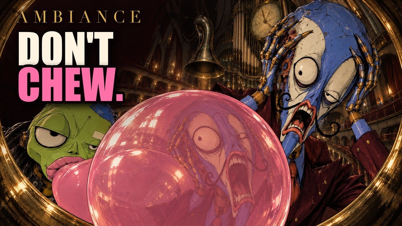 A large pink bubble between grotesque animated characters beneath the AMBIANCE title