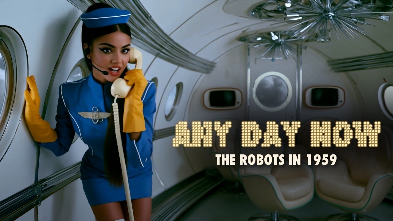 A blue-uniformed performer in a retrofuturist aircraft beside the ANY DAY NOW title