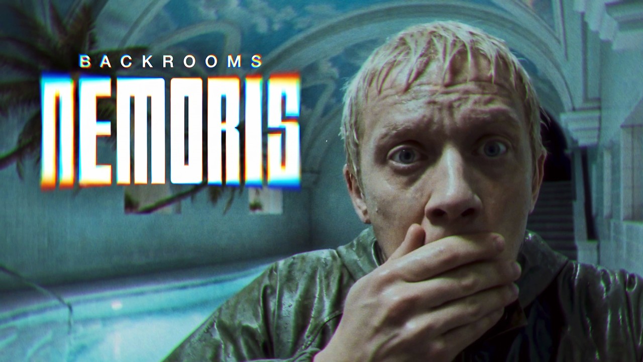 Backrooms Nemoris title beside a frightened man covering his mouth in a green-lit interior
