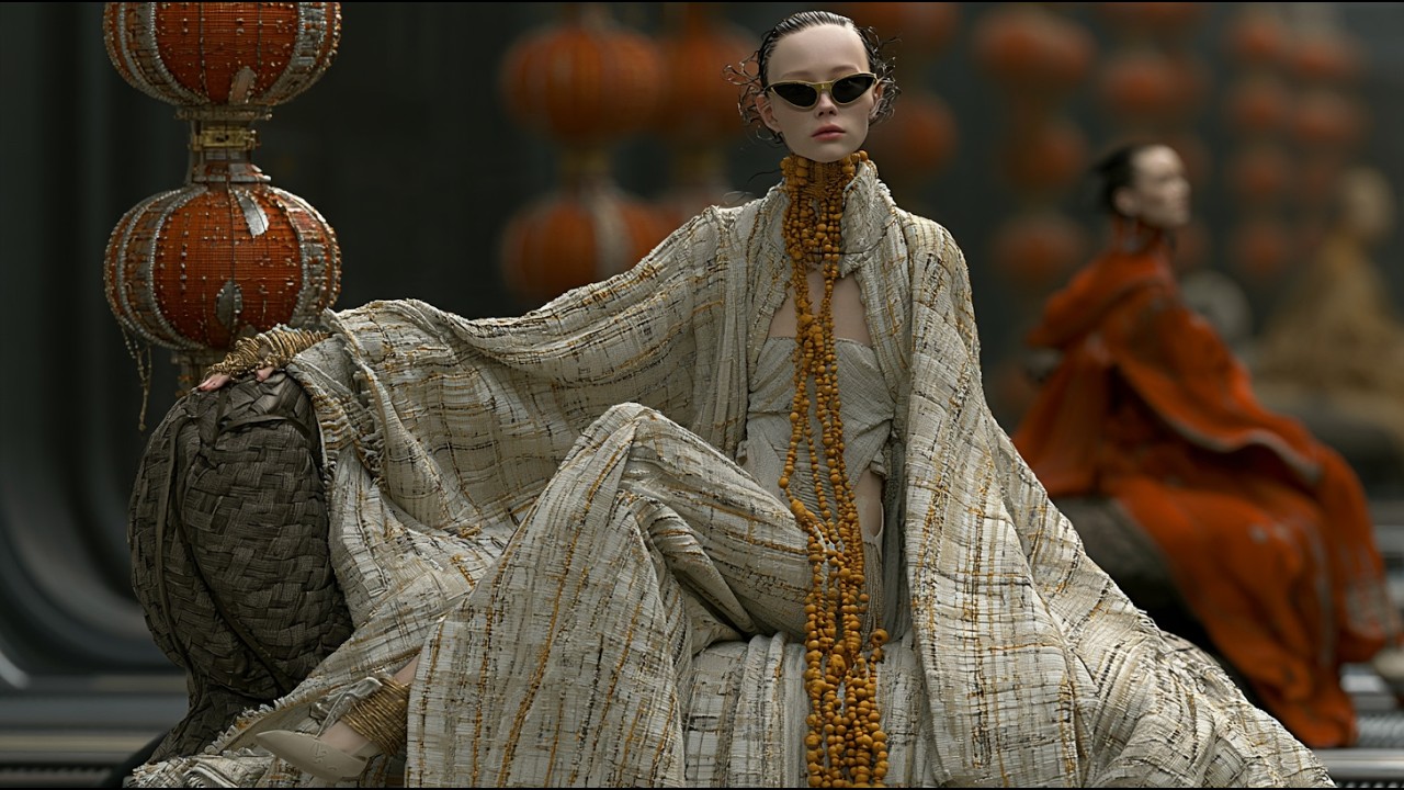 An elongated figure in a patterned sculptural garment sits beside red lanterns