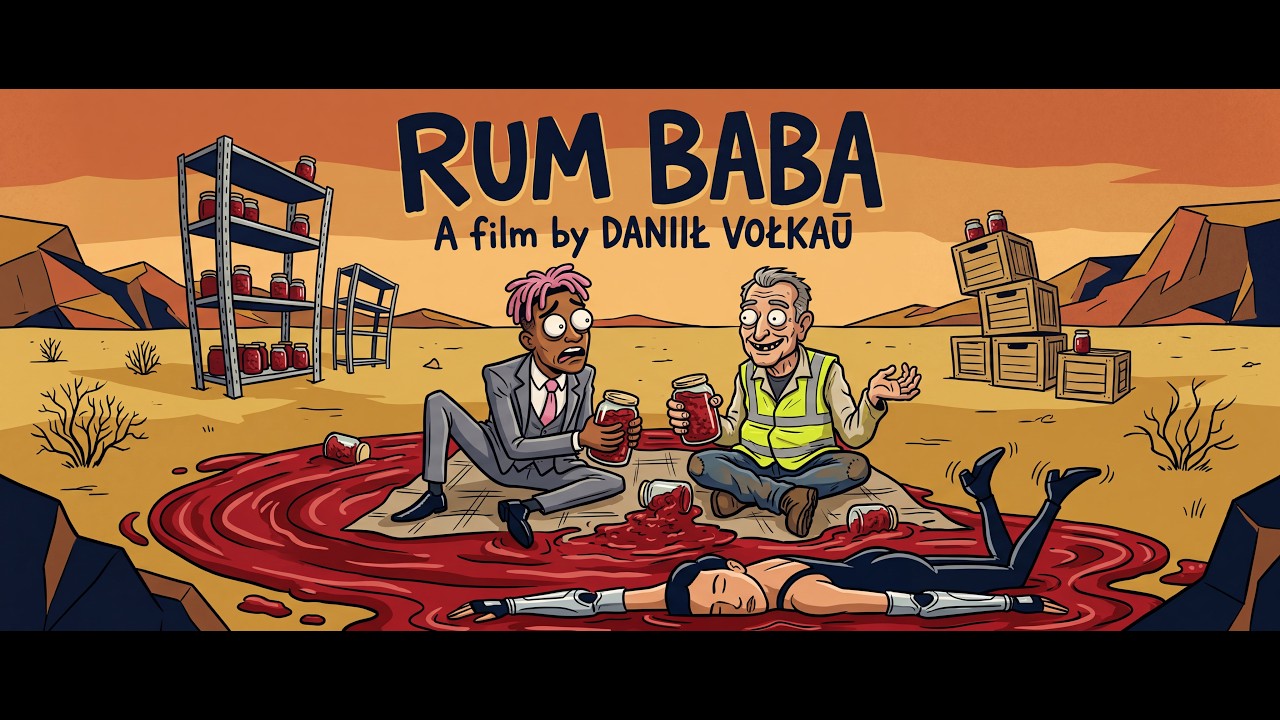 Rum Baba artwork with three cartoon figures, jars and a spreading red pool