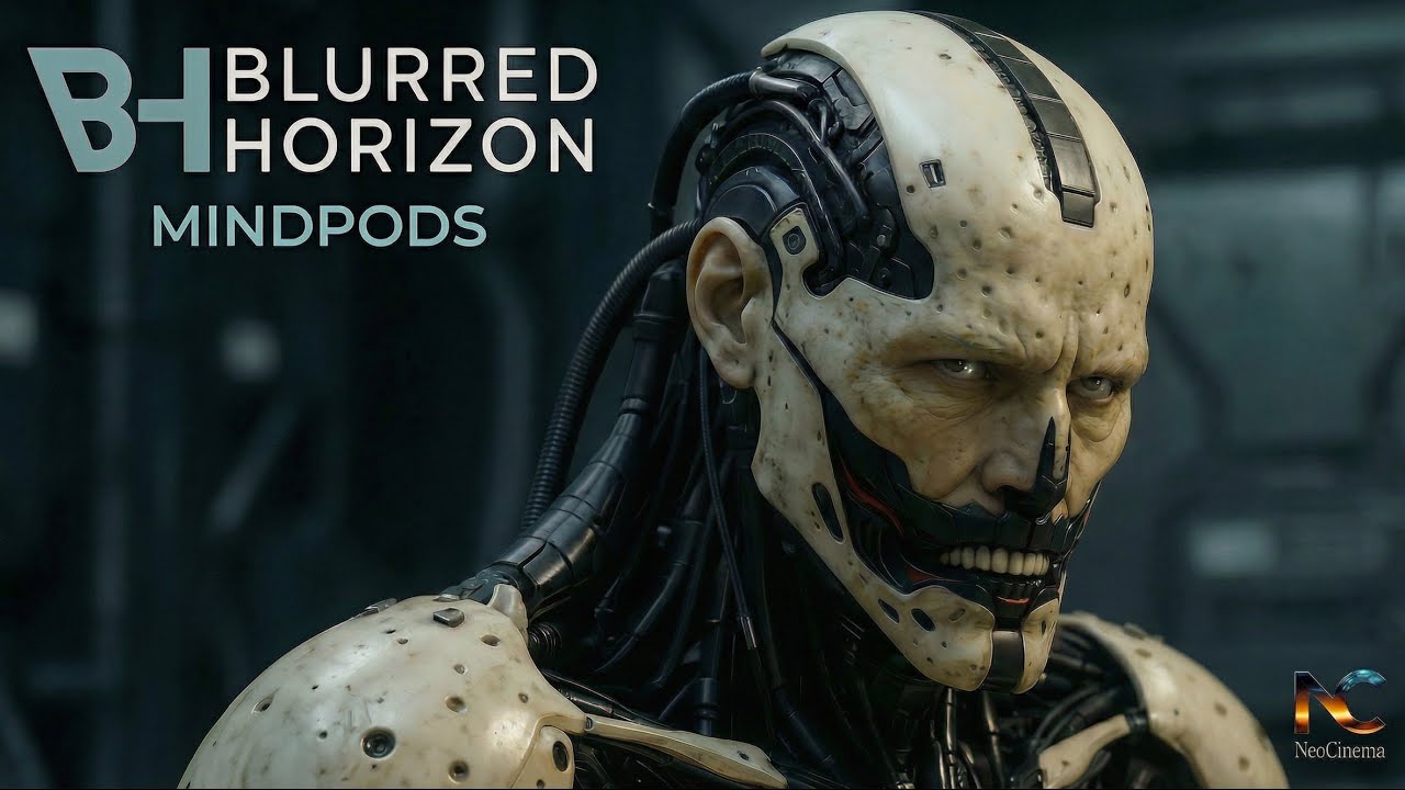 A mechanical face beneath the Blurred Horizon MindPods title