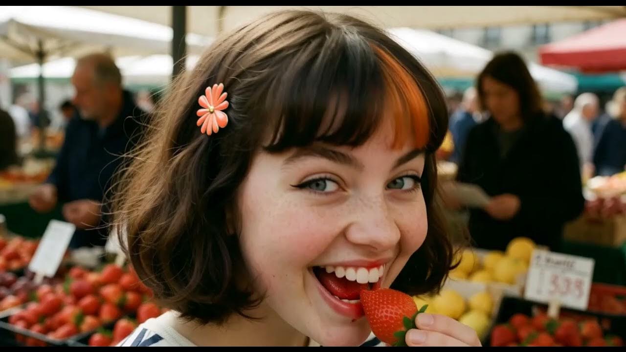 ClaudiaGI smiles with a strawberry at a market in the original release artwork