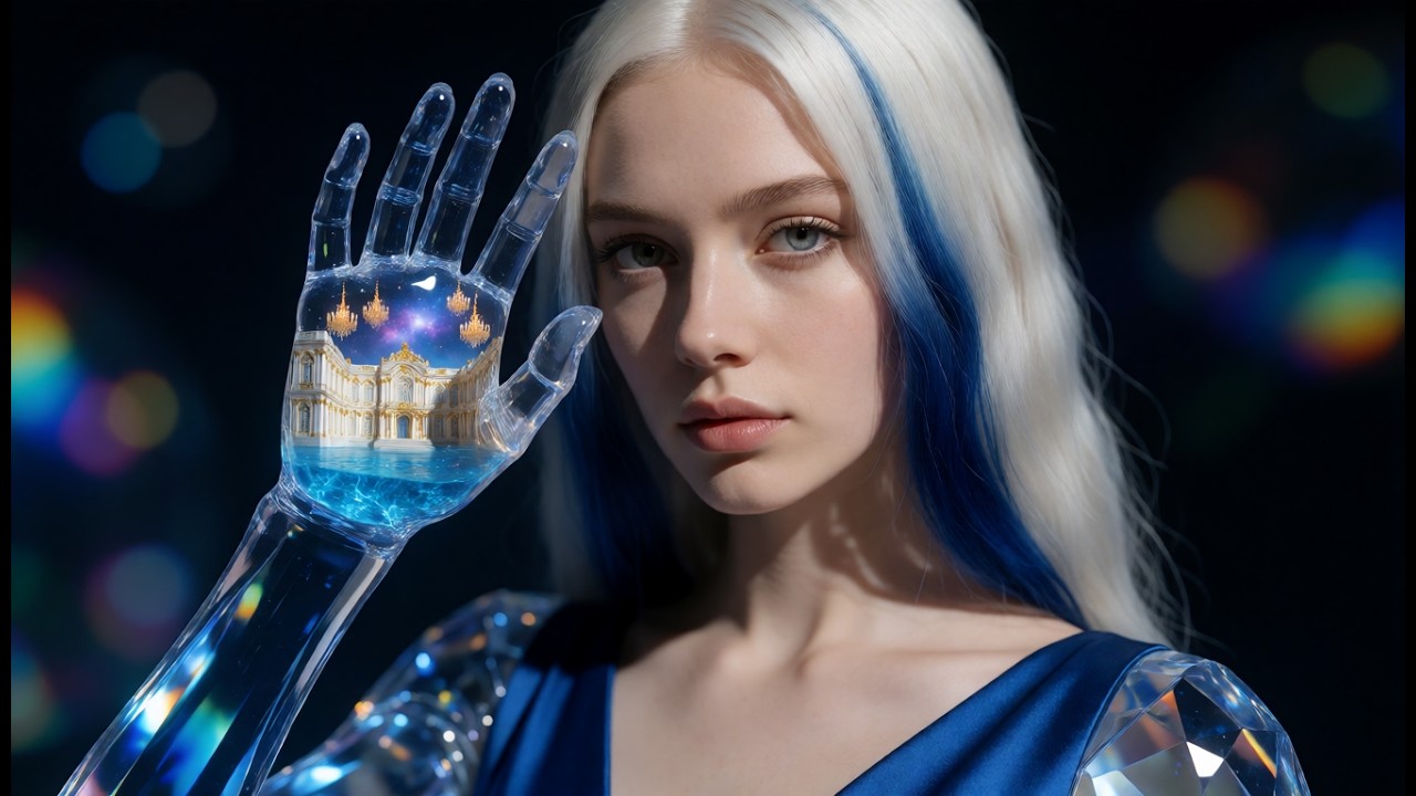 A white-haired synthetic figure holds up a transparent hand containing a miniature palace