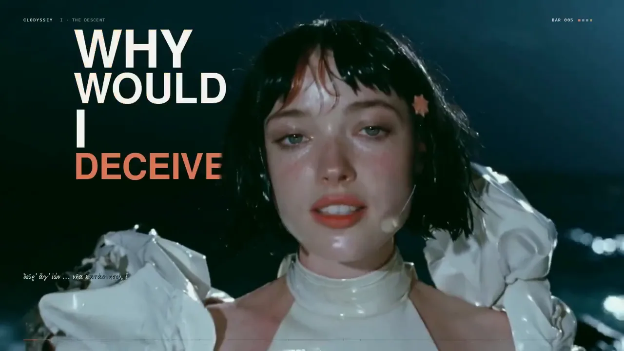 Claudia in pearl-white costume beneath the words Why Would I Deceive