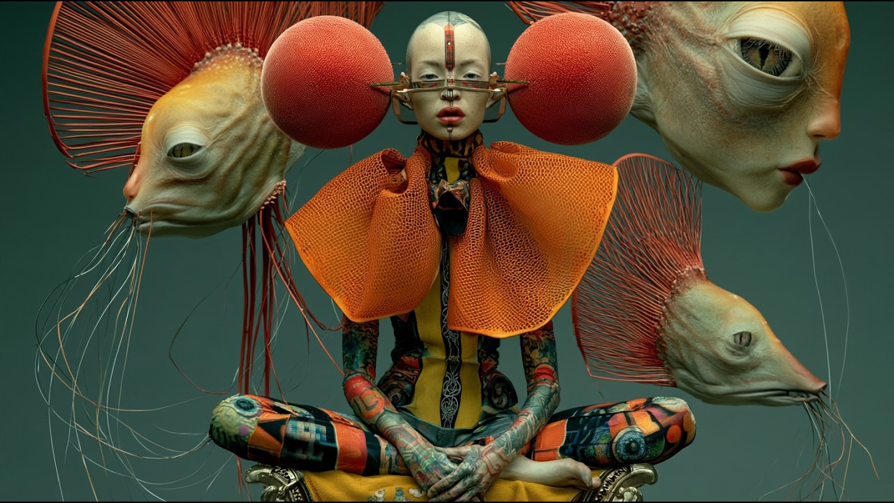 An orange-clad figure with large round ornaments amid pale, surreal faces