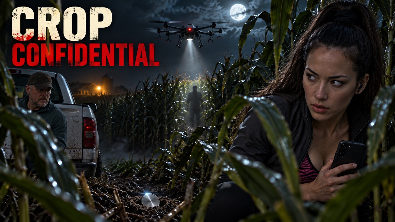 A woman hides in corn while a drone watches over a field beneath the Crop Confidential title