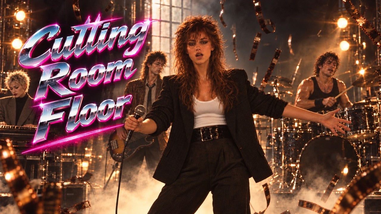 A curly-haired performer and band beside the neon Cutting Room Floor title