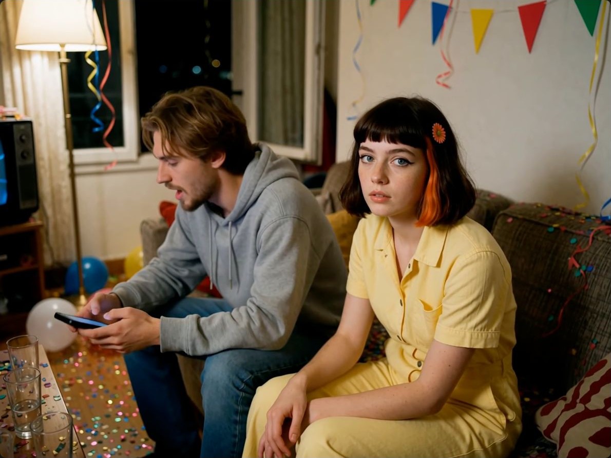 ClaudiaGI in yellow beside a distracted man on a party-room sofa