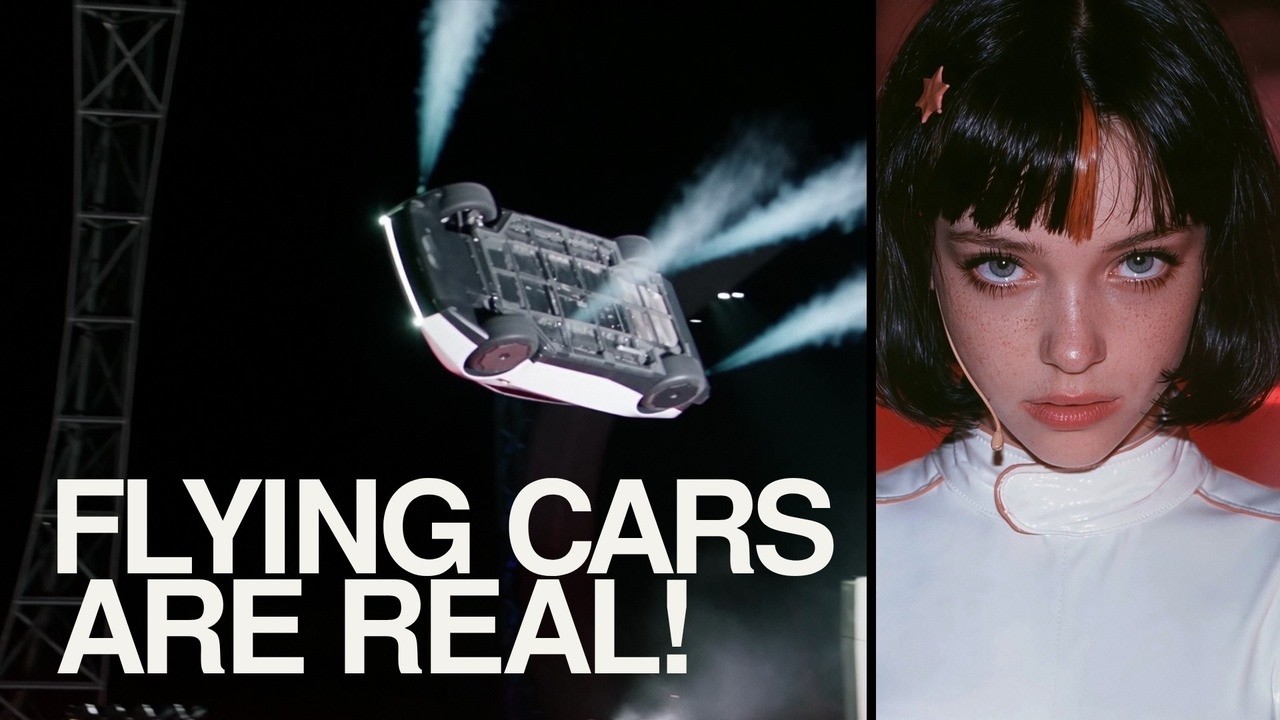 An airborne white car beside Claudia’s portrait and Flying Cars Are Real lettering