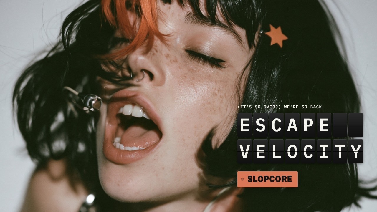 Claudia sings beside split-flap Escape Velocity lettering