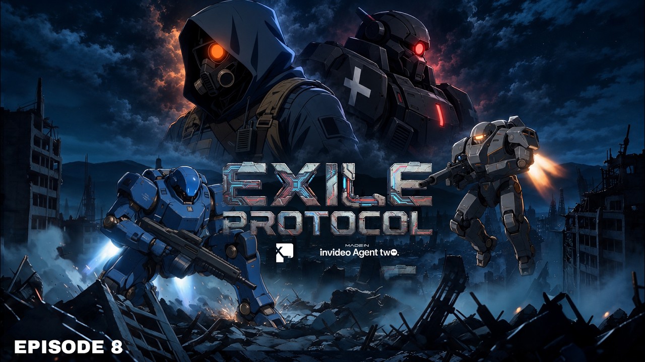 Exile Protocol Episode 8 artwork showing armed mechs in a ruined city