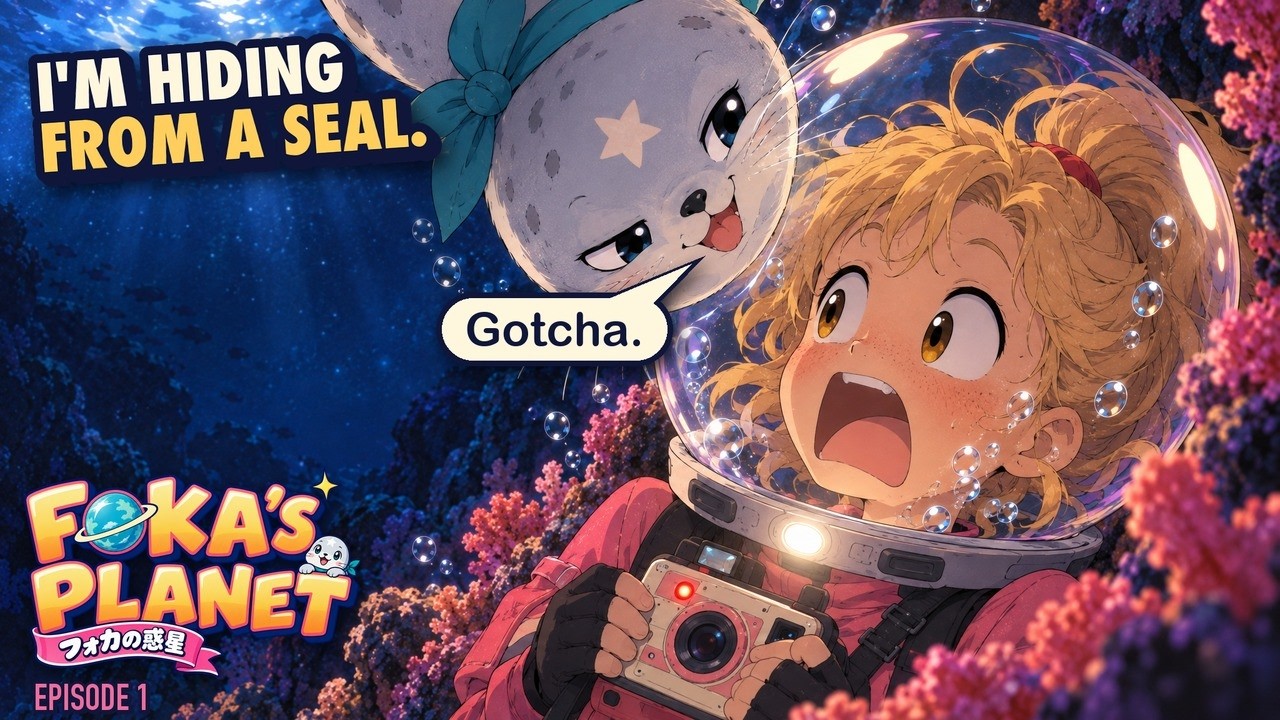 A seal peers at a startled child wearing a space helmet and holding a camera