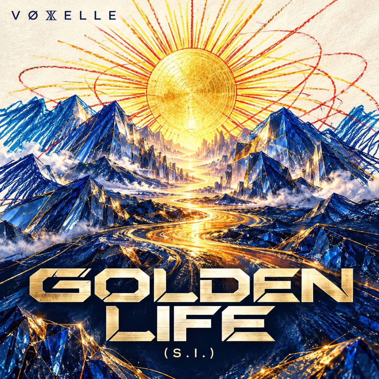 VØXELLE Golden Life song cover with a golden sun and a river through blue mountains