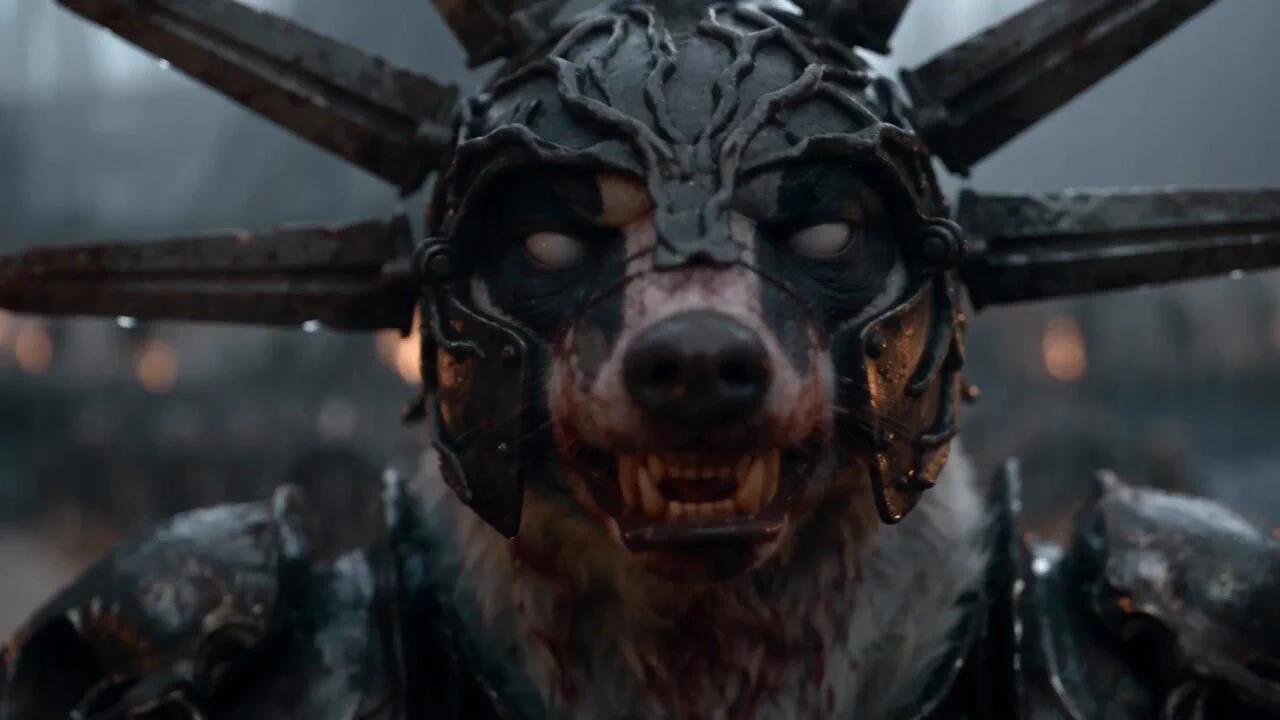 An armored animal character wearing an elaborate horned helmet