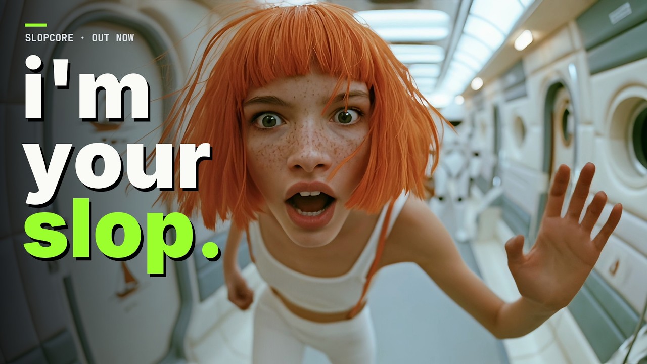 A woman with an orange bob presses against the camera in a white corridor beside the words i'm your slop