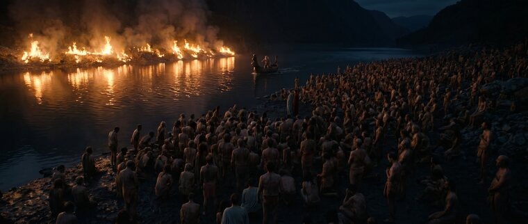 Souls crowd beside a dark river and a line of fire in Antinferno
