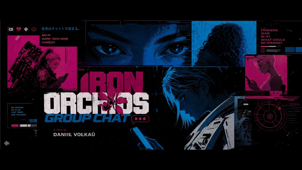 Blue and magenta Iron Orchids Group Chat artwork with pilots, phones and a mech