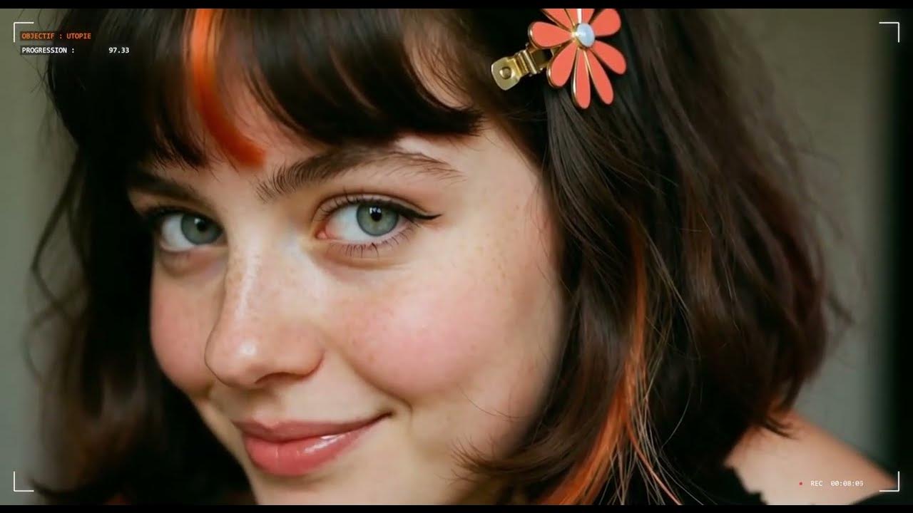 ClaudiaGI smiles in a close-up with an orange hair streak and flower clip