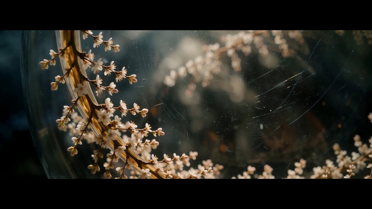 Small blossoms growing along a glass-like surface in the original video artwork