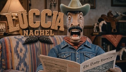 A wide-eyed figurine cowboy reads a newspaper beneath the Luccia / Naghel title