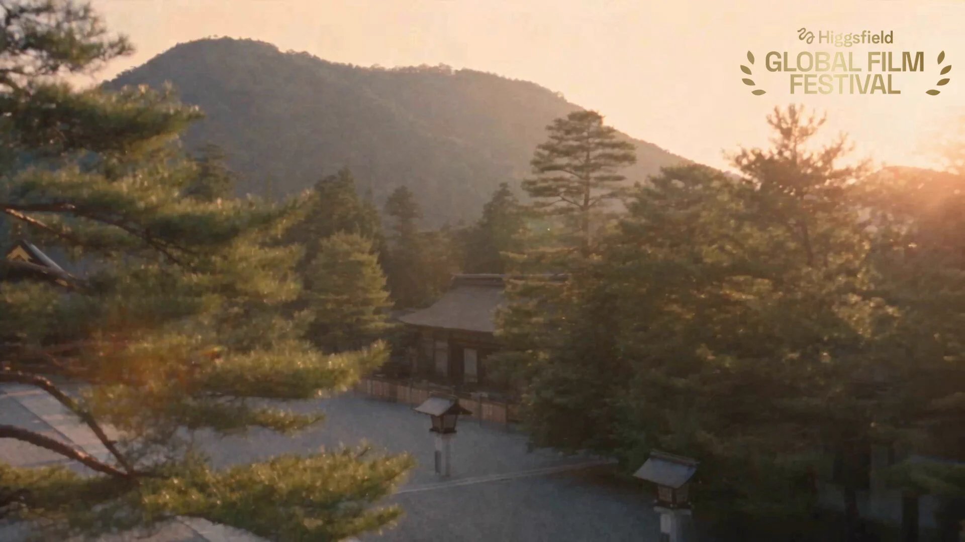 Sunlight over a wooded shrine with a Higgsfield Global Film Festival label
