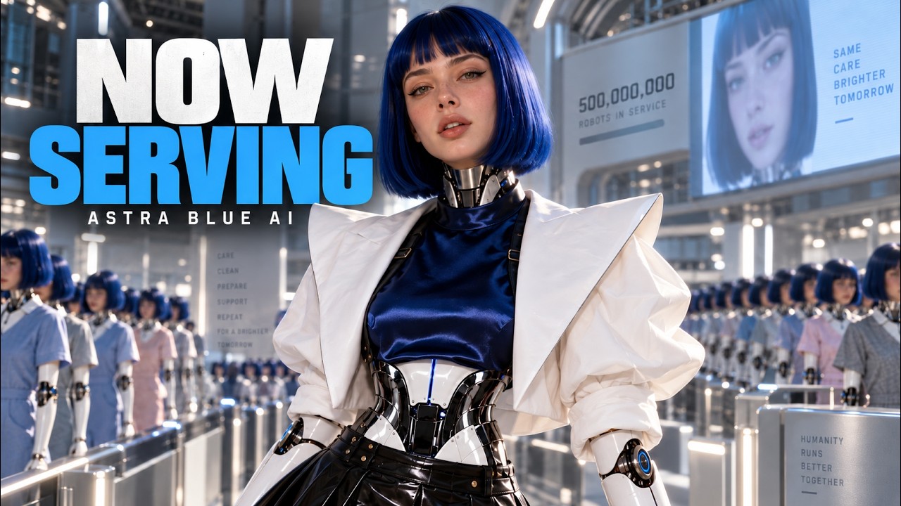 A blue-haired synthetic performer beside a queue and the NOW SERVING title