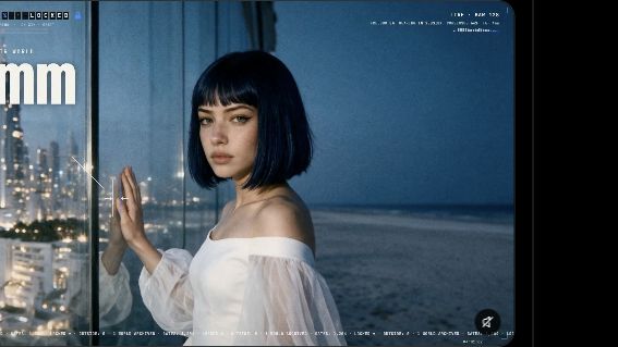 A blue-haired synthetic performer in white stands beside a city window in P DOOM