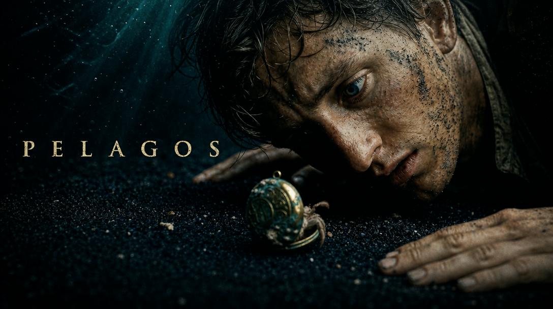 A young explorer studies a small luminous sea creature beneath the Pelagos title