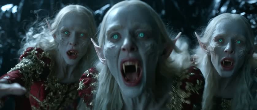 Three pale, pointed-eared figures with luminous eyes in Pomegranate
