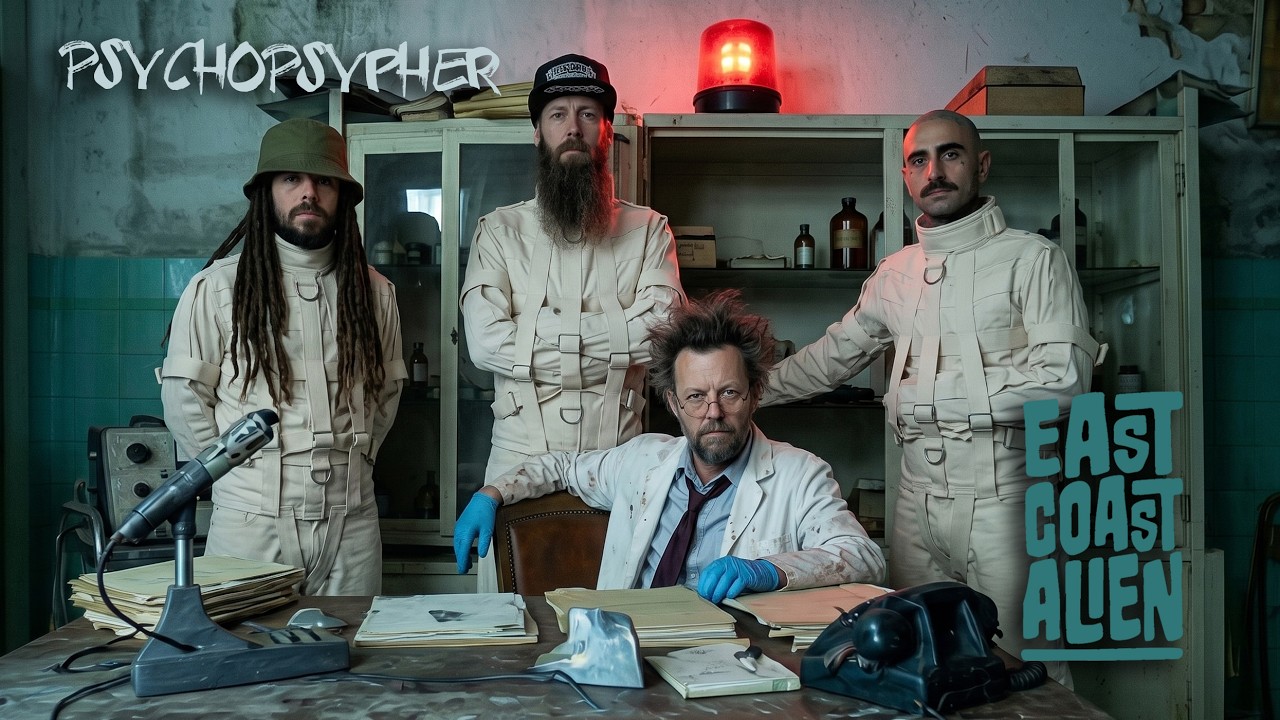 The PsychoPsypher ensemble surrounding a doctor beneath the release title