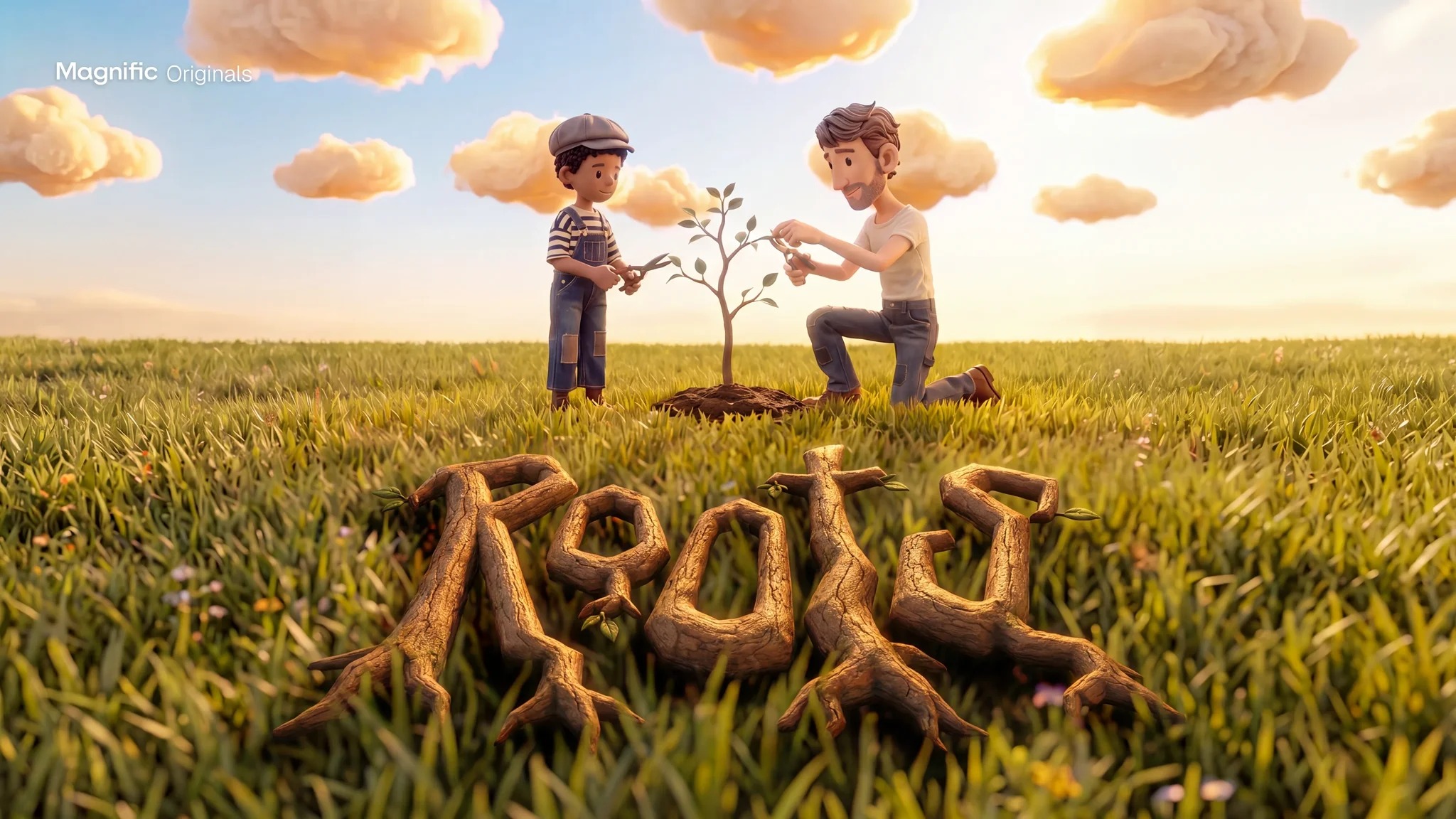 A father and child tend a sapling in a field above the Roots title made from tree roots