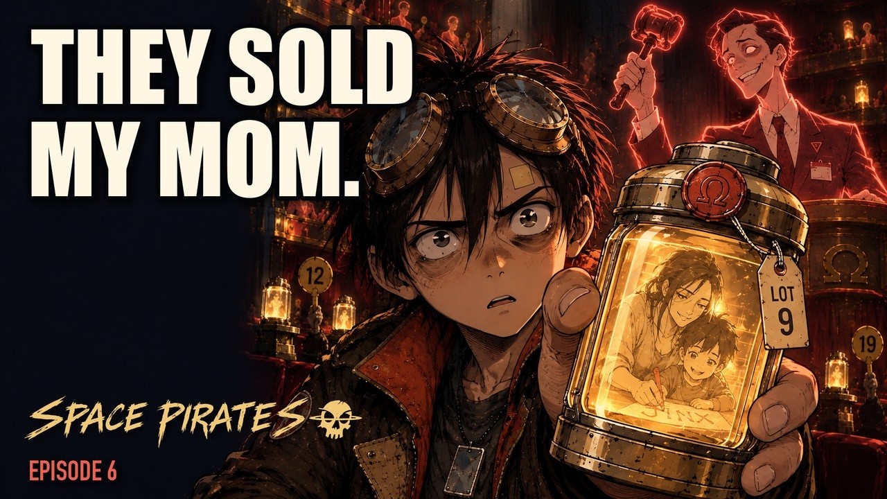 Jinx holds a glowing container beneath They Sold My Mom lettering and the Space Pirates Episode 6 credit