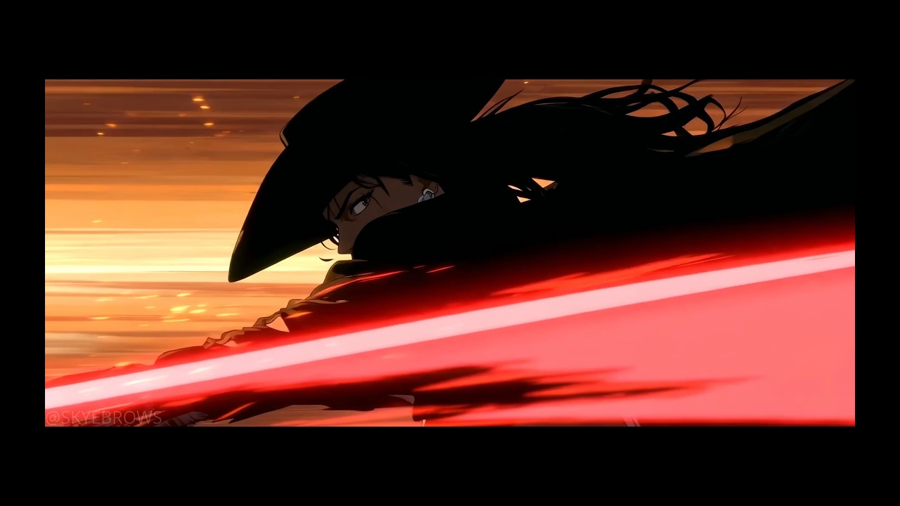 An animated figure in a wide-brimmed hat against an orange sky and red light trail