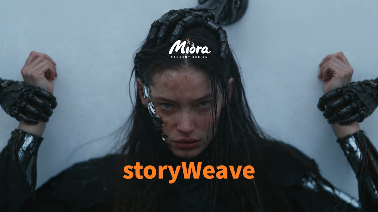 A dark-haired character restrained by the wrists beneath the orange StoryWeave title