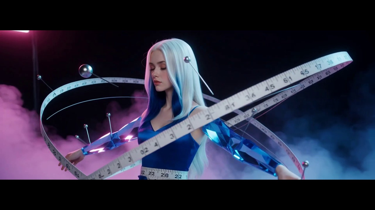 Astra surrounded by floating measuring tapes in the original video artwork