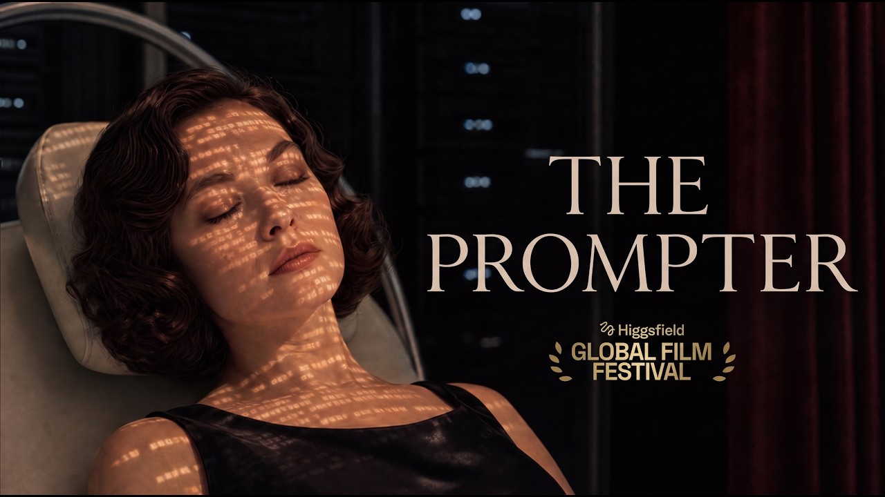 The Prompter artwork: a reclining woman with projected text across her face beside the film’s title