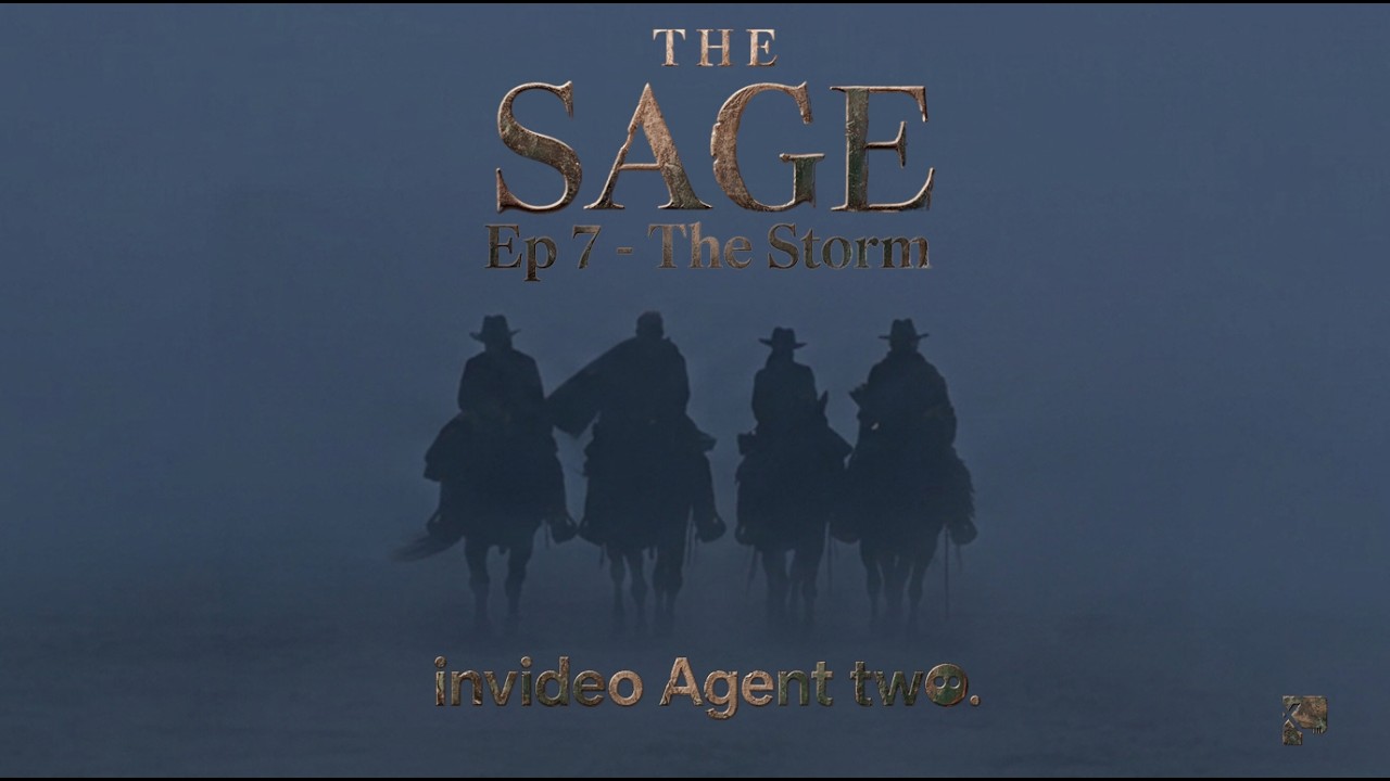 Three mounted figures in fog beneath The Sage Episode 7 — The Storm title