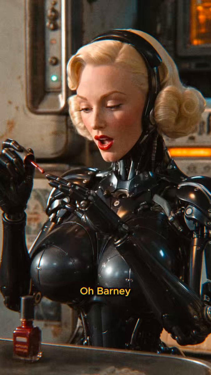 A mechanical woman seated in a retrofuturist kitchen