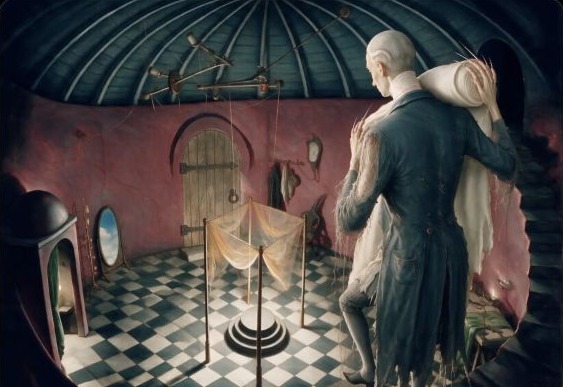 A pale figure carries a rolled canvas through an arched surrealist room