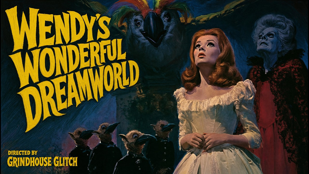 Wendy beneath yellow Dreamworld lettering, surrounded by birdlike creatures and a stern queen