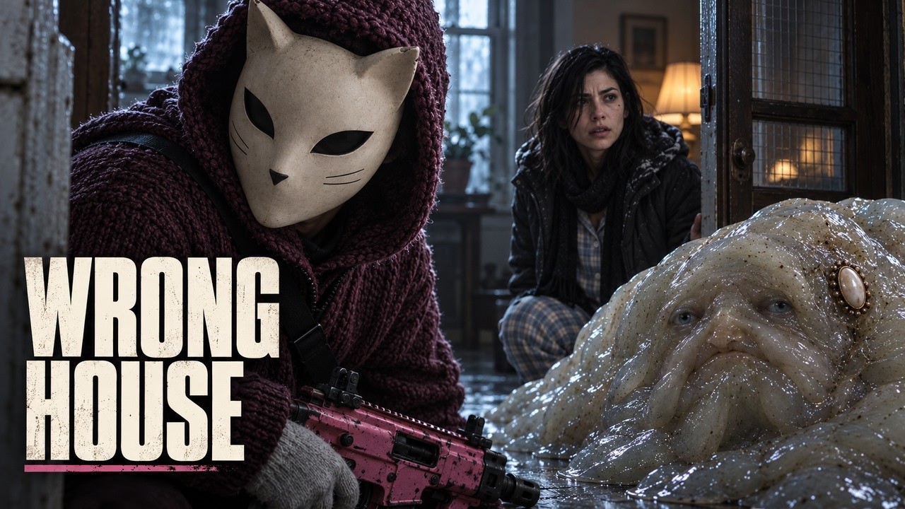 A cat-masked burglar, a frightened woman and a pale creature beneath the Wrong House title